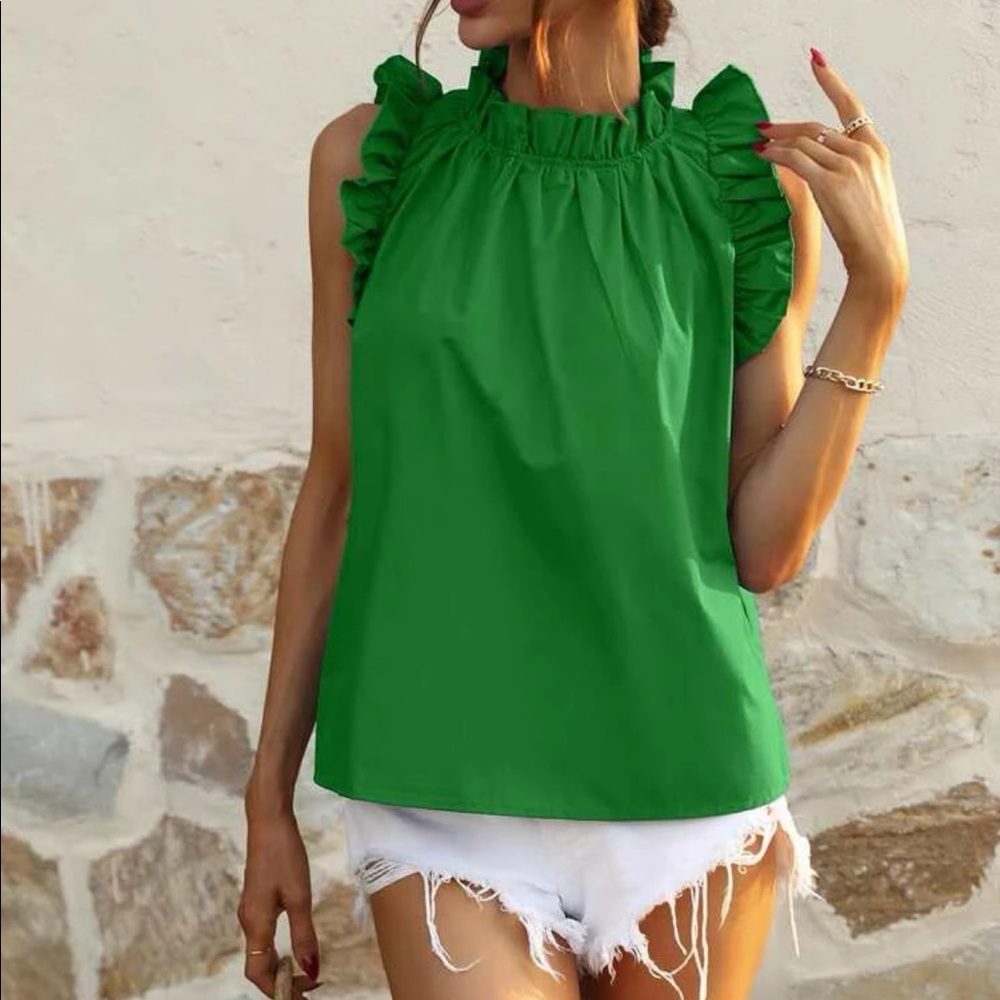 Classic Ruffle Cap Sleeve Mock Neck Top Blouse Work Office Boho Green - Picture 1 of 6